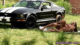 Anally fucked beauty dickriding her lover, passionate glamour outdoor