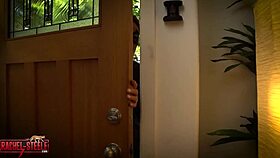 Hey, check out this masked milf in a catsuit tying up and blowing the burglar!