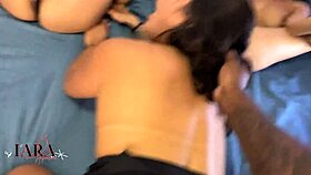 Naughty nymphs devouring that big black cock!