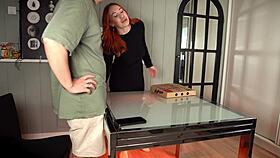 Redhead steals pizza! Gets rough fucking as punishment!