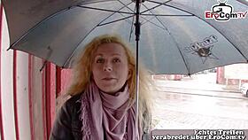 Normal German woman persuaded on the street for her first modeling interview in public.