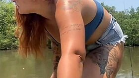 fishing in short shorts in the usa with exhibitionist flashing.