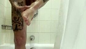 Intense bath session escalates with groping touches turning into a steamy handjob climax.