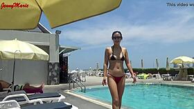 Jenny Marie wears a sexy wet bikini in public outdoor settings