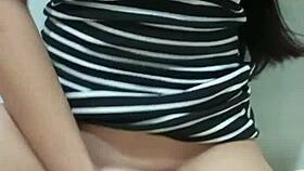 Asian stepdaughter with small waist fingers herself in front of her step dad. Young girl masturbates for daddy.