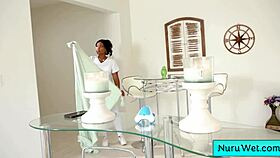 i'm the horny ebony masseuse rubbin my hairy pussy in the shower, close up wet