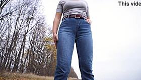 Milf Teases Her Big Cameltoe in Blue Jeans Outdoors
