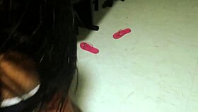 Cheating wife gets hard fucked on stairs, creampied while cuckold husband watches and cleans up