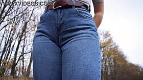 Milf Teases Her Big Cameltoe in Blue Jeans Outdoors