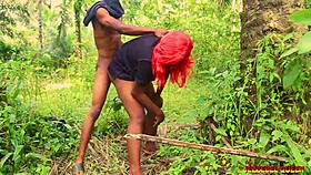 Naughty college babe fucks roommate doggy style in bush.