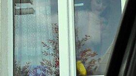 Public nudity driver saw naked milf in stockings without panties washing apartment window