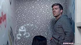 Hot brunette milf sucking cock in the toilet