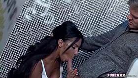 Hot brunette milf sucking cock in the toilet