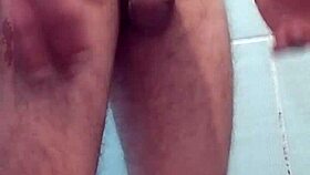 teen jerks off to big cock in bath, imagining facial and cumshot orgasm.