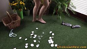 aussie with big boobs toys her pussy intensely