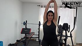girl masturbates alone in the gym exercising