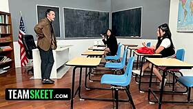 risky teacher fucks two asian students in the classroom, oh my god