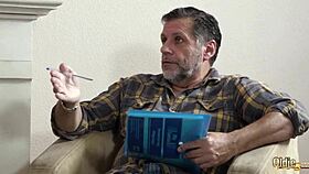 Teens enjoy threesome with old man, swallowing his load.