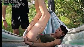 happy on hammock outdoors in nature la mancha spain.