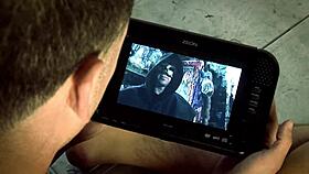 Bound brunette babe gets fucked missionary with cunilingus ball licking and muff diving