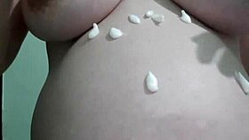 pregnant milf in lingerie gets natural tits massage