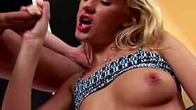 beautiful blonde subtly jerks off her stepdad's cock