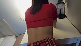 sexy spoiled wife in uniform gets punished with cowgirl fucking and semen filling on trailer