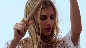 Skinny Italian MILF Blondie Fancie Torino undresses and plays with balloons naked on the beach