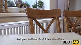 The debt4k guy and pregnant milf debtor settle with blowjob on desk