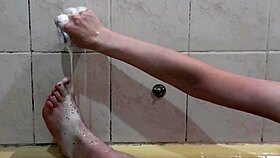 Beautiful cute sexy naked girl assol takes bath soapy foam on pussy boobs nipples ass feet hands wet pussy natural tits