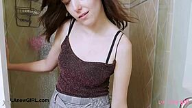 sweet teen brunette takes shower after photoshoot with father-in-law