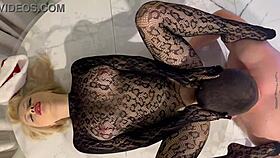 Slut sucks Santa Claus under Christmas tree, gets cum in pussy