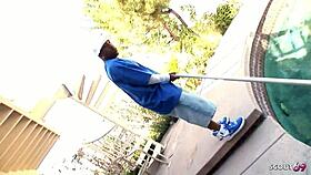 White cougar wife cheats with black midget's huge cock while husband is away.