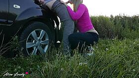 Horny taxi driver fucks blonde by car