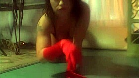 she rides his cock in red satin gloves and finishes with ass to mouth