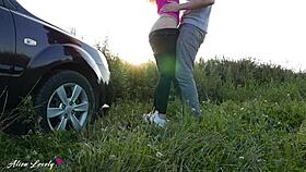 Horny taxi driver fucks blonde by car