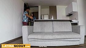 Latina BBW's tight pussy teased by massive white cock on couch