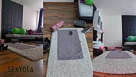 Latina goddess strips and works out naked in doggystyle pose for triple cam