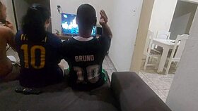 Young wife bets on sex with husband's friend, ends in double penetration doggystyle.