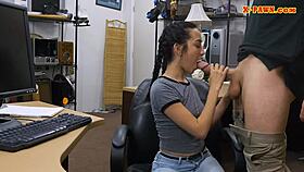 Very slim teen drilled by pawnshop owner in pov blowjob