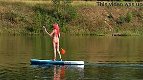 I flash my small tits in pink micro bikini at the beach, oops