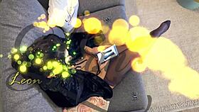 Hot brunette babe in see through halloween costume teases big cock