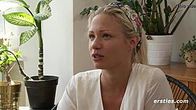 Intriguing blonde babe masturbates intimately with vibrator in bedroom close-up