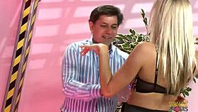 Dumb blonde and brunette bimbos get facials in group sex.