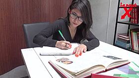 Bookworm Latina and classmate engage in bold anal fucking in the college library, leading to intense squirting orgasms.