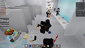 two people get fucked in roblox and in a public restroom