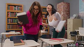 Shemale teacher Izzy Wilde in a dirty threesome with two girls