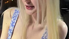 Busty blonde rides in car