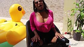 Maxine X masturbates her wet pussy with BBC sex toy by the poolside
