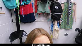 the mall guard asks the milf shoplifter show him how sorry she is